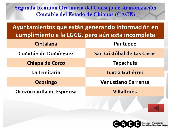 Segunda Reunión Ordinaria del Consejo de Armonización Contable del Estado de Chiapas (CACE) Ayuntamientos