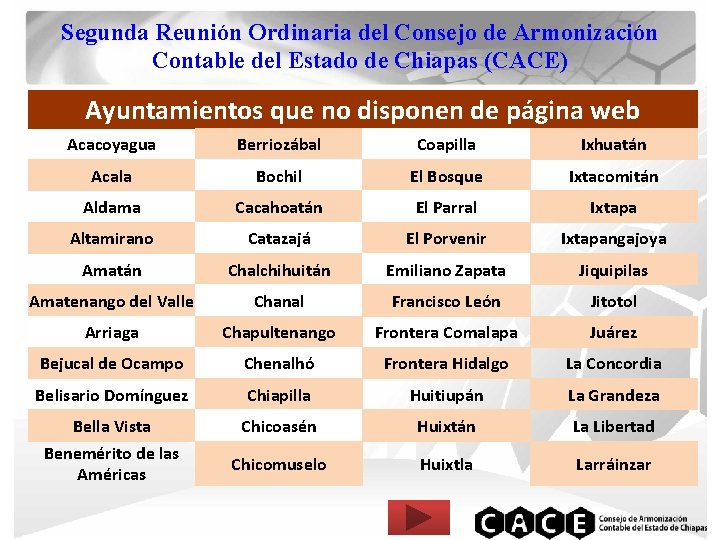 Segunda Reunión Ordinaria del Consejo de Armonización Contable del Estado de Chiapas (CACE) Ayuntamientos
