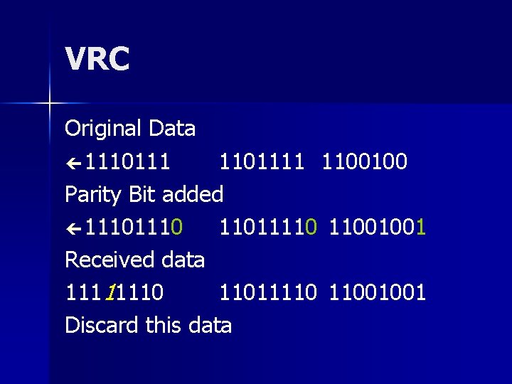 VRC Original Data 11101111 1100100 Parity Bit added 1110 11011110 11001001 Received data 11111110