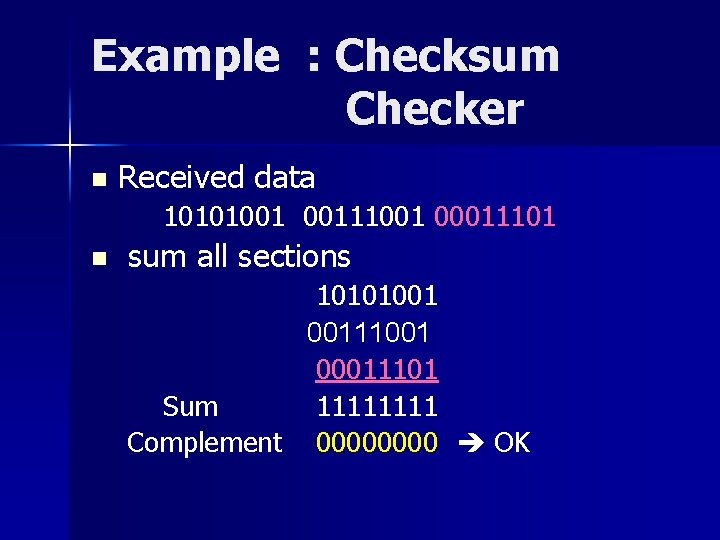 Example : Checksum Checker n Received data 10101001 00111001 00011101 n sum all sections