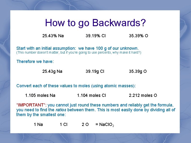 How to go Backwards? 25. 43% Na 39. 19% Cl 35. 39% O Start