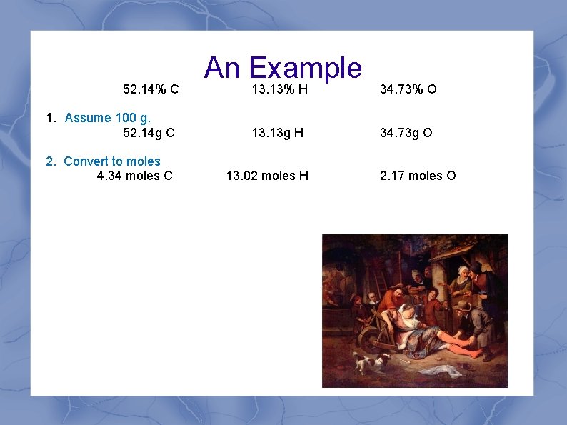 52. 14% C 1. Assume 100 g. 52. 14 g C 2. Convert to