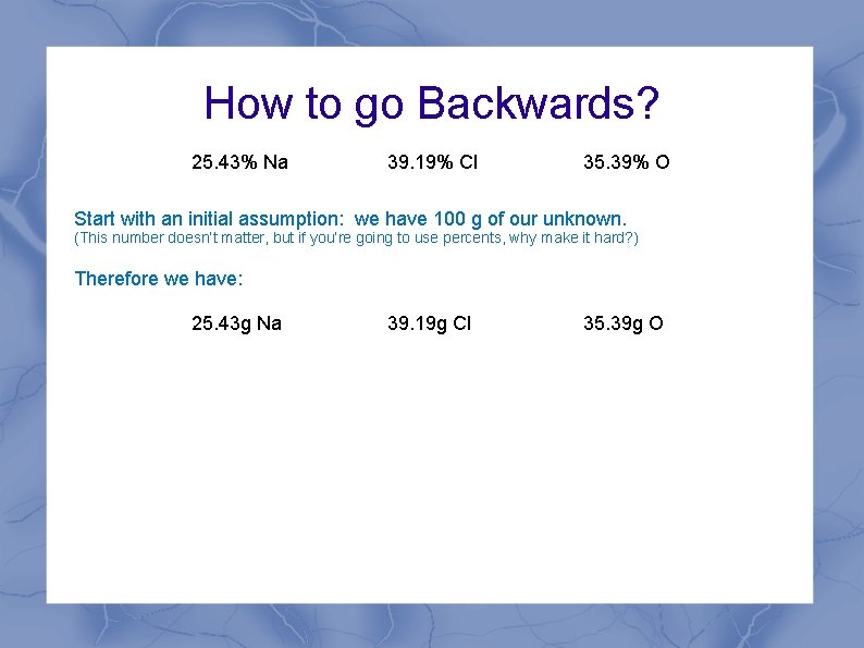 How to go Backwards? 25. 43% Na 39. 19% Cl 35. 39% O Start