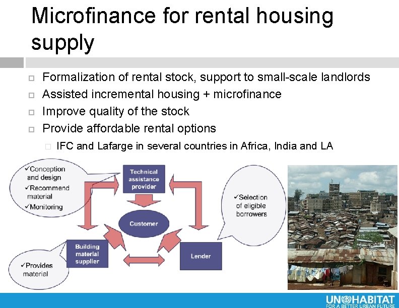 Microfinance for rental housing supply Formalization of rental stock, support to small-scale landlords Assisted