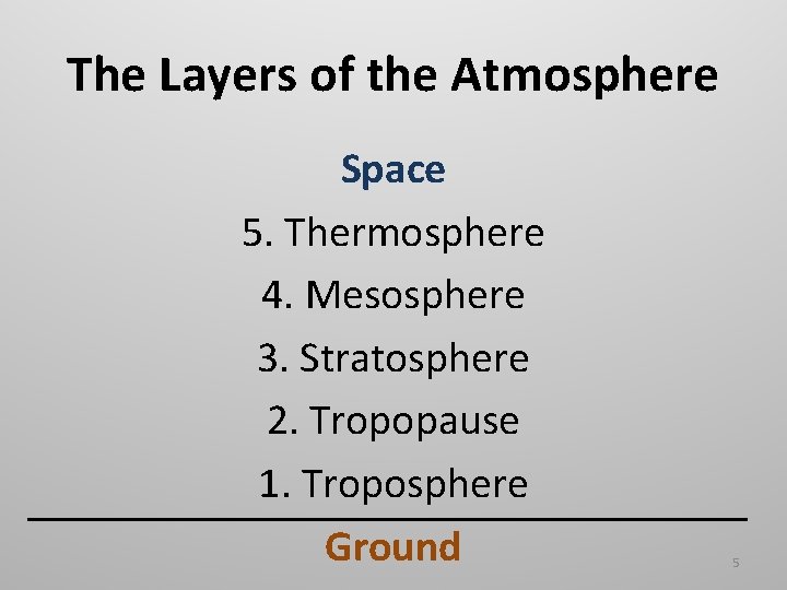The Layers of the Atmosphere Space 5. Thermosphere 4. Mesosphere 3. Stratosphere 2. Tropopause