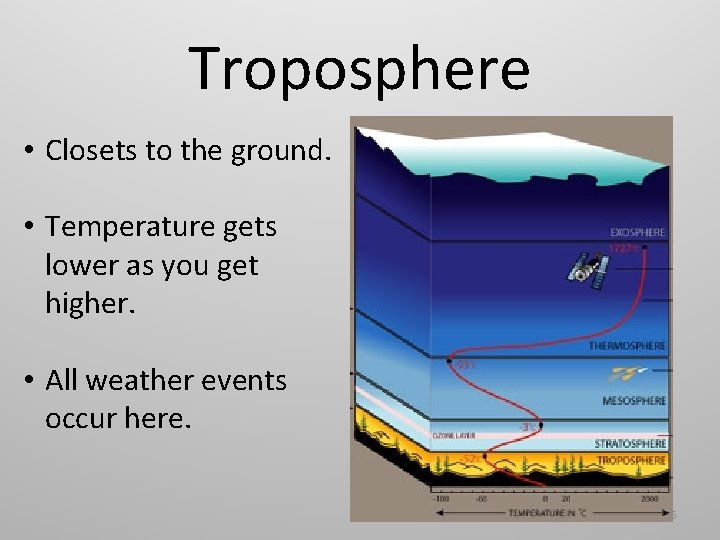 Troposphere • Closets to the ground. • Temperature gets lower as you get higher.
