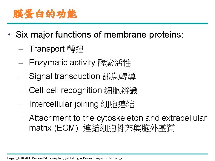 膜蛋白的功能 • Six major functions of membrane proteins: – Transport 轉運 – Enzymatic activity