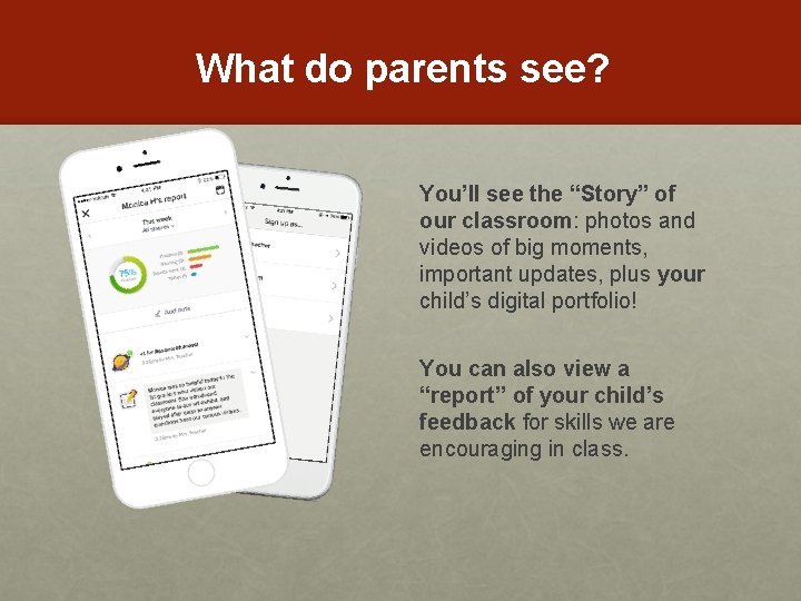 What do parents see? You’ll see the “Story” of our classroom: photos and videos