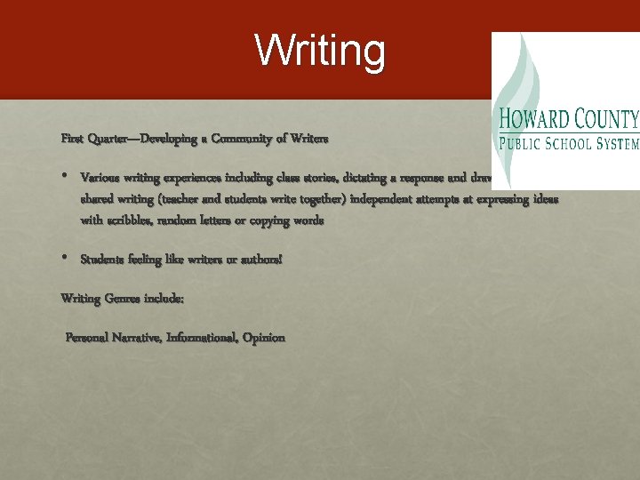 Writing First Quarter—Developing a Community of Writers • Various writing experiences including class stories,