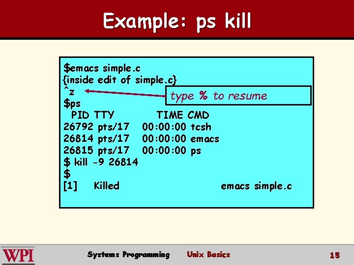 Example: ps kill $emacs simple. c {inside edit of simple. c} ^z type %