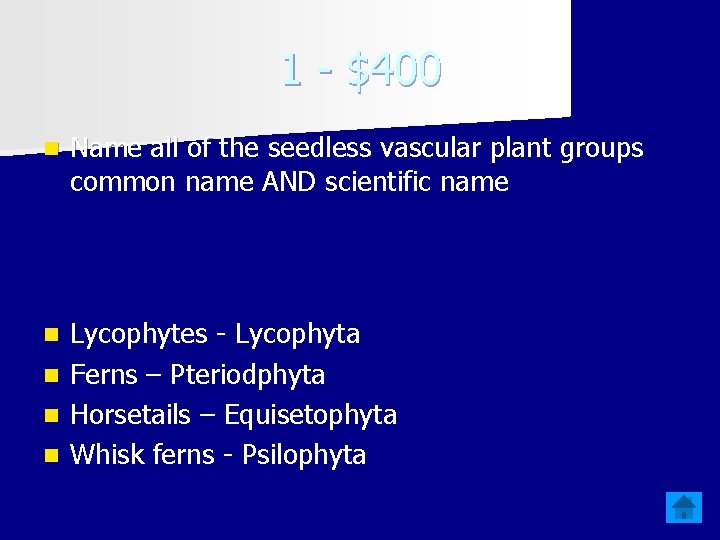 1 - $400 n Name all of the seedless vascular plant groups common name