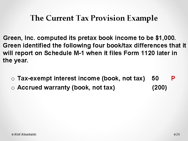 The Current Tax Provision Example Green, Inc. computed its pretax book income to be