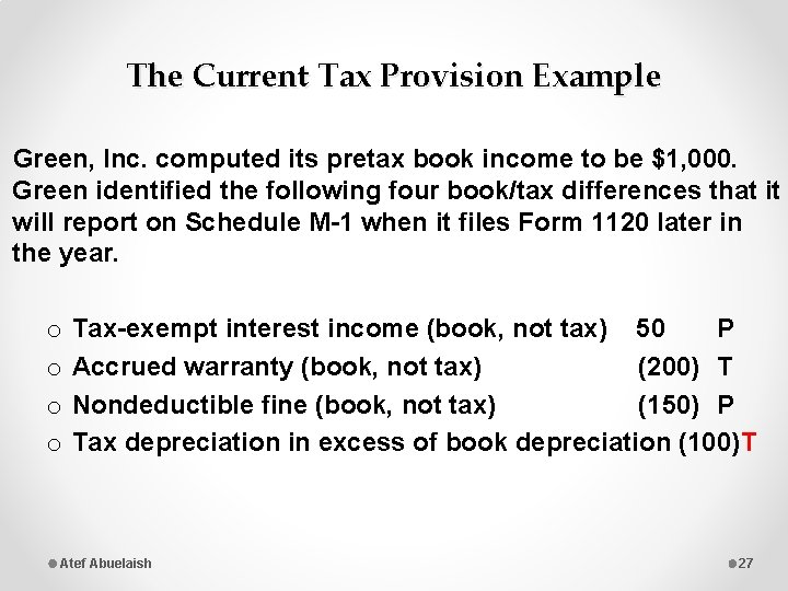 The Current Tax Provision Example Green, Inc. computed its pretax book income to be