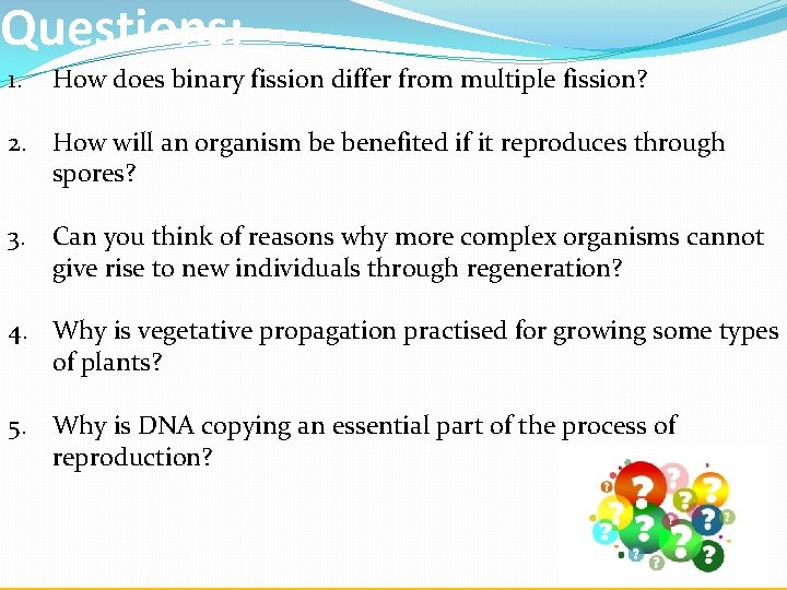 Questions: 1. How does binary fission differ from multiple fission? 2. How will an