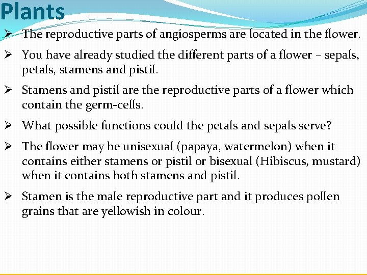 Plants Ø The reproductive parts of angiosperms are located in the flower. Ø You