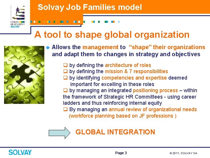 Solvay Job Families model A tool to shape global organization u Allows the management