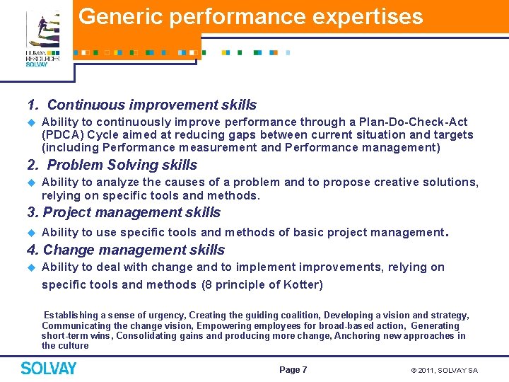 Generic performance expertises 1. Continuous improvement skills u Ability to continuously improve performance through