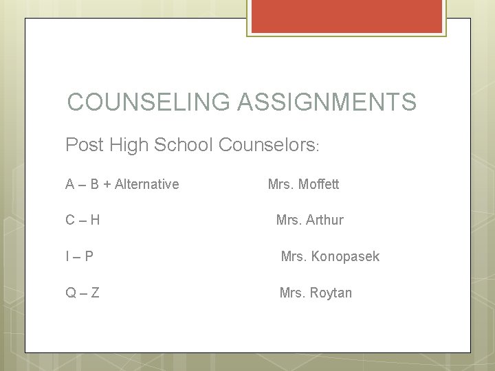 COUNSELING ASSIGNMENTS Post High School Counselors: A – B + Alternative C–H Mrs. Moffett