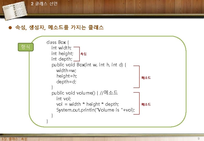 2 클래스 선언 l 속성, 생성자, 메소드를 가지는 클래스 형식 6장. 클래스 : 속성 2 클래스 선언 l 속성, 생성자, 메소드를 가지는 클래스 형식 6장. 클래스 : 속성