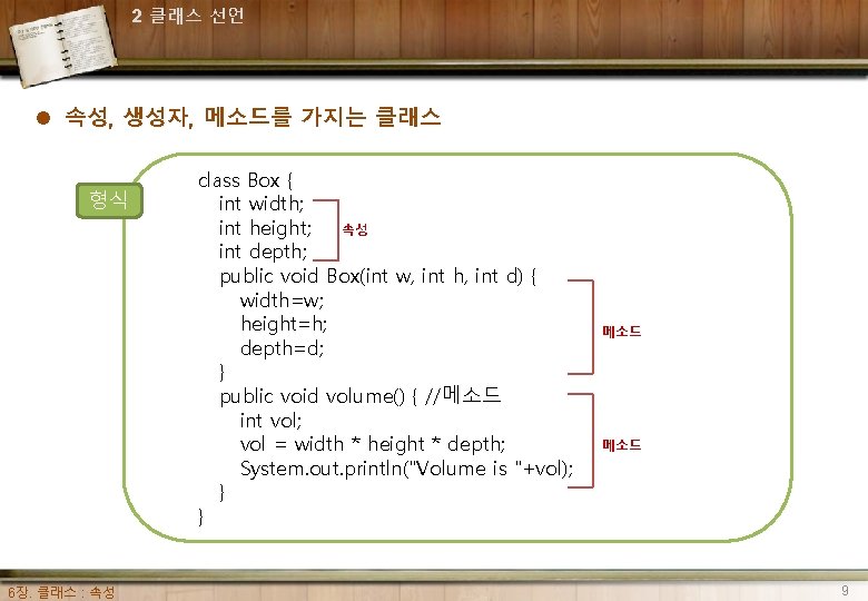 2 클래스 선언 l 속성, 생성자, 메소드를 가지는 클래스 형식 6장. 클래스 : 속성