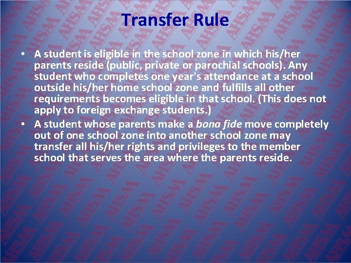 Transfer Rule • A student is eligible in the school zone in which his/her