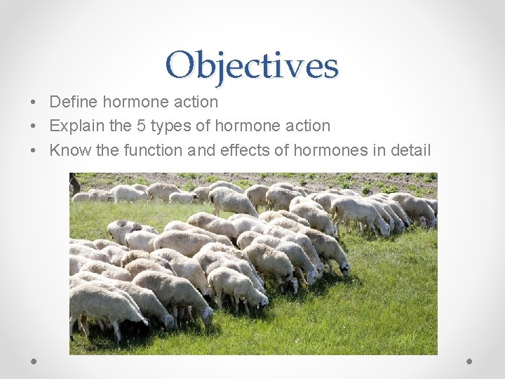 Objectives • Define hormone action • Explain the 5 types of hormone action •