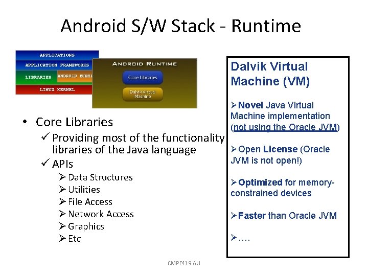 Android S/W Stack - Runtime Dalvik Virtual Machine (VM) ØNovel Java Virtual Machine implementation