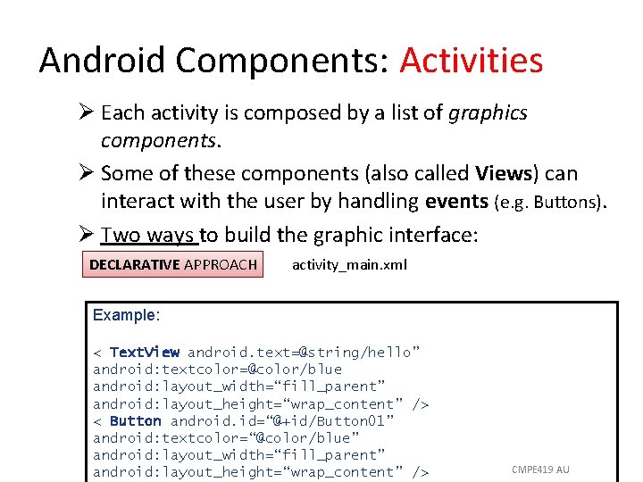 Android Components: Activities Ø Each activity is composed by a list of graphics components.