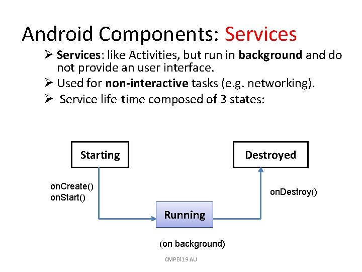 Android Components: Services Ø Services: like Activities, but run in background and do not