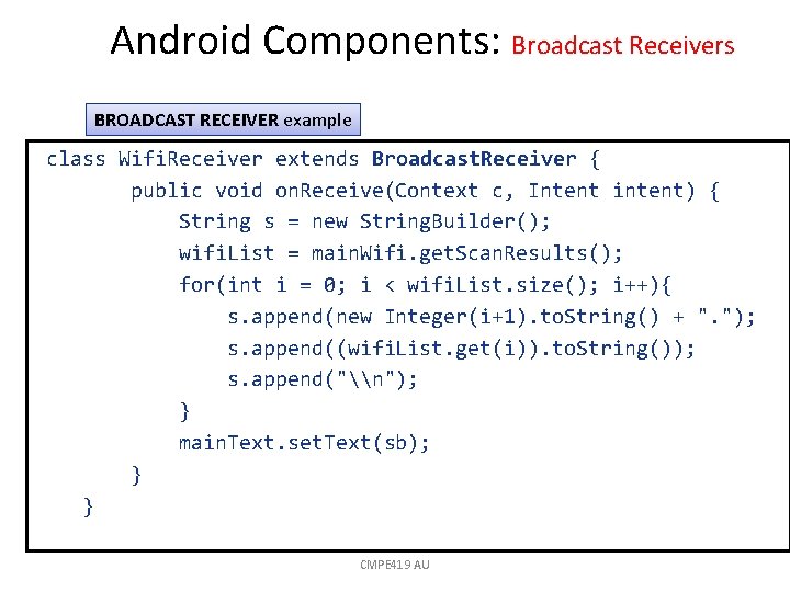 Android Components: Broadcast Receivers BROADCAST RECEIVER example class Wifi. Receiver extends Broadcast. Receiver {
