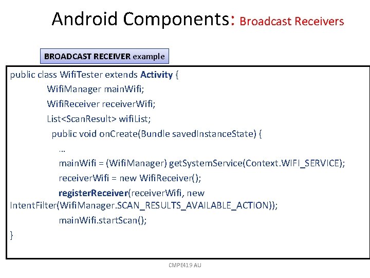 Android Components: Broadcast Receivers BROADCAST RECEIVER example public class Wifi. Tester extends Activity {