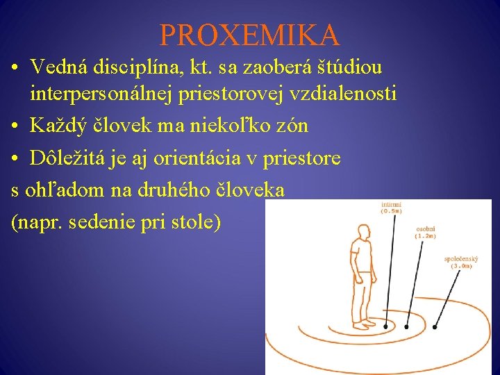 PROXEMIKA • Vedná disciplína, kt. sa zaoberá štúdiou interpersonálnej priestorovej vzdialenosti • Každý človek