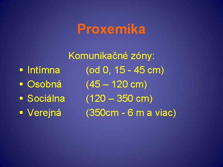 Proxemika § § Komunikačné zóny: Intímna (od 0, 15 - 45 cm) Osobná (45