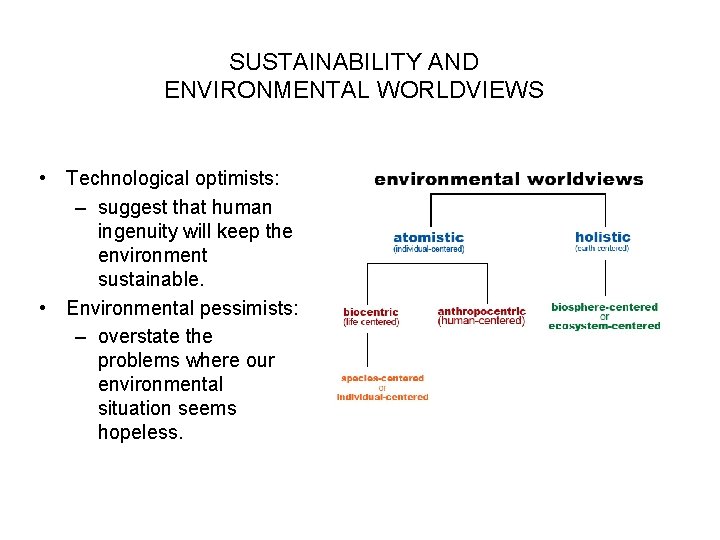 SUSTAINABILITY AND ENVIRONMENTAL WORLDVIEWS • Technological optimists: – suggest that human ingenuity will keep