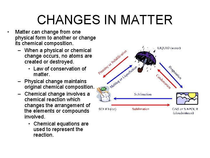 CHANGES IN MATTER • Matter can change from one physical form to another or