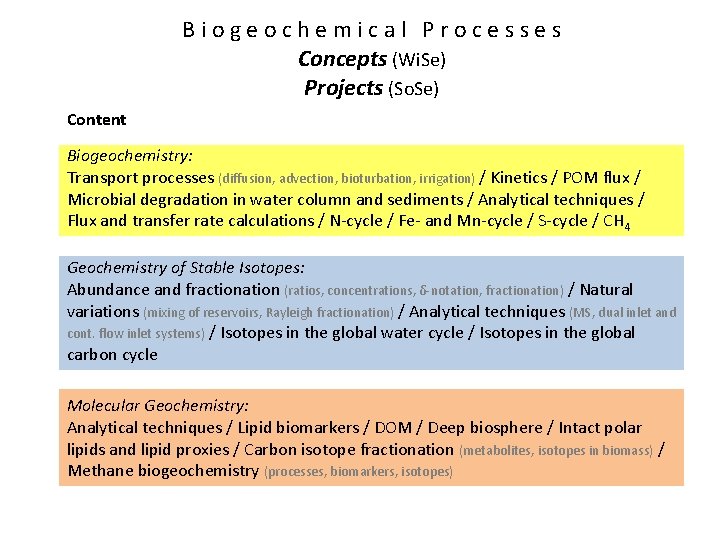 Biogeochemical Processes Concepts (Wi. Se) Projects (So. Se) Content Biogeochemistry: Transport processes (diffusion, advection,