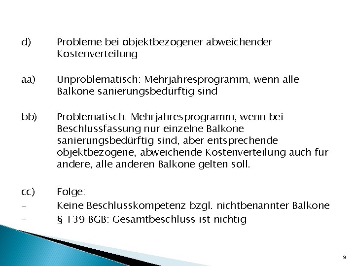 d) Probleme bei objektbezogener abweichender Kostenverteilung aa) Unproblematisch: Mehrjahresprogramm, wenn alle Balkone sanierungsbedürftig sind