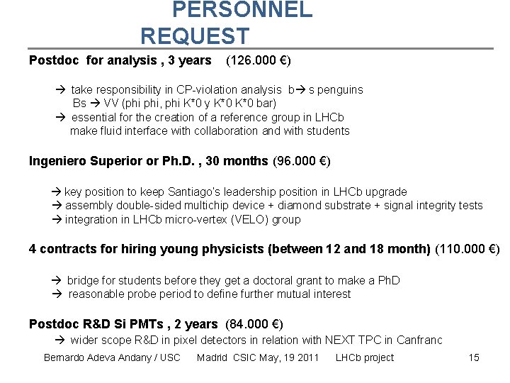 PERSONNEL REQUEST Postdoc for analysis , 3 years (126. 000 €) take responsibility in