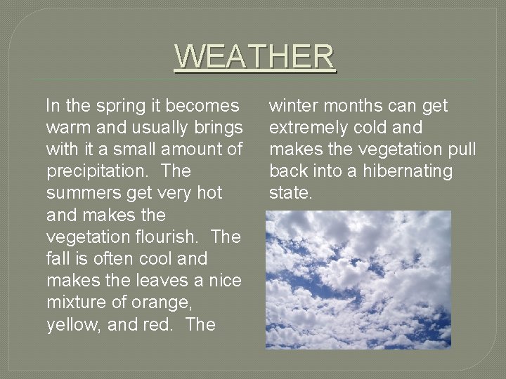 WEATHER In the spring it becomes warm and usually brings with it a small