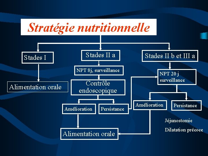 Stratégie nutritionnelle Stades II a NPT 8 j, surveillance Alimentation orale Contrôle endoscopique Amélioration