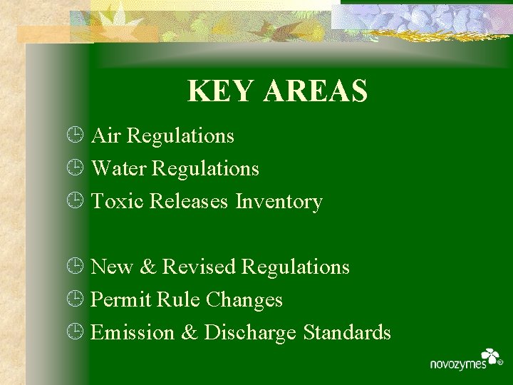 KEY AREAS ¹ Air Regulations ¹ Water Regulations ¹ Toxic Releases Inventory ¹ New