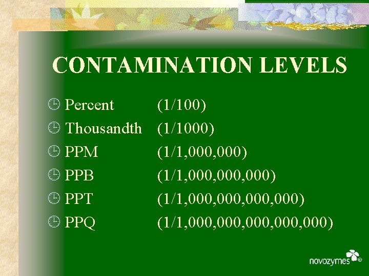 CONTAMINATION LEVELS ¹ Percent ¹ Thousandth ¹ PPM ¹ PPB ¹ PPT ¹ PPQ