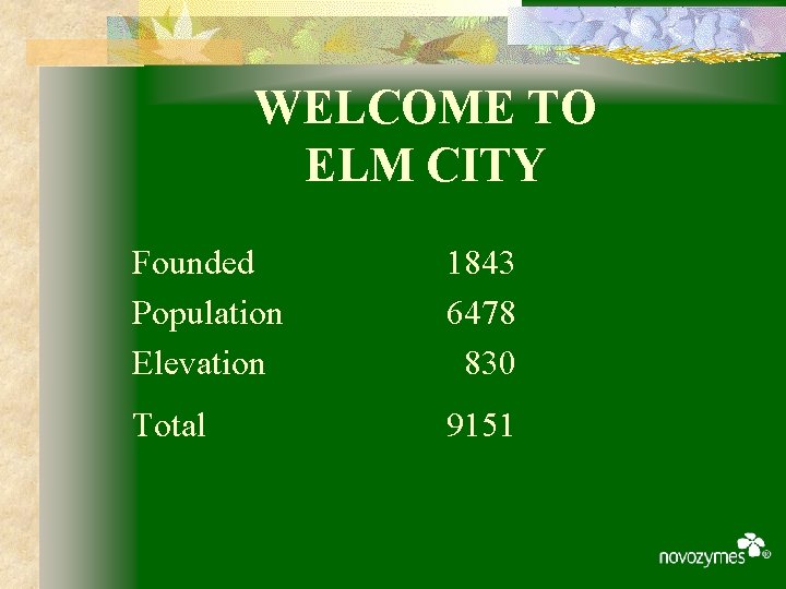 WELCOME TO ELM CITY Founded Population Elevation 1843 6478 830 Total 9151 