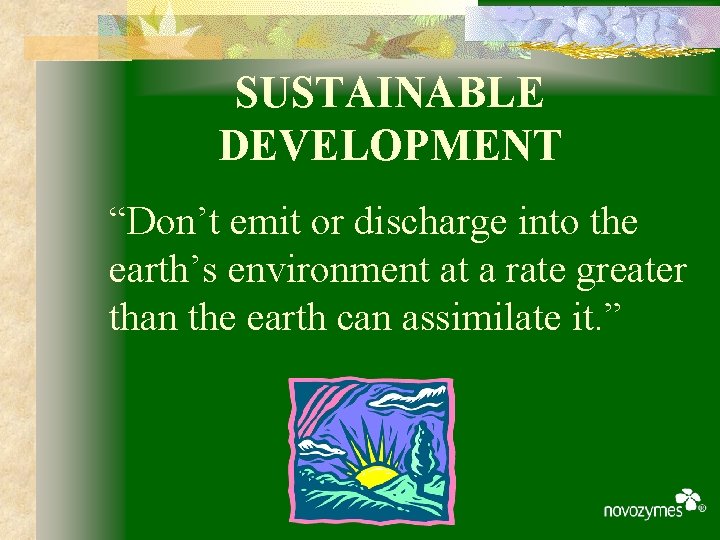 SUSTAINABLE DEVELOPMENT “Don’t emit or discharge into the earth’s environment at a rate greater