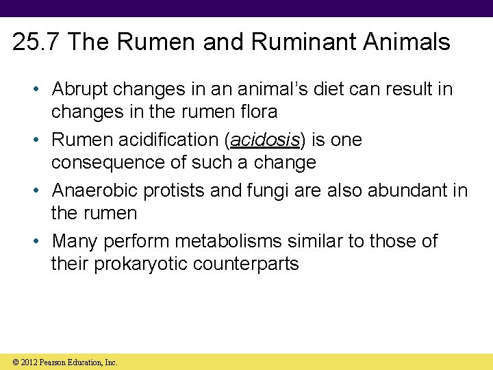 25. 7 The Rumen and Ruminant Animals • Abrupt changes in an animal’s diet