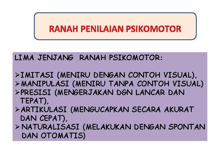 RANAH PENILAIAN PSIKOMOTOR LIMA JENJANG RANAH PSIKOMOTOR: ØIMITASI (MENIRU DENGAN CONTOH VISUAL), ØMANIPULASI (MENIRU