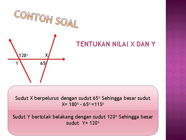 TENTUKAN NILAI X DAN Y 120 o Y X 65 o Sudut X berpelurus