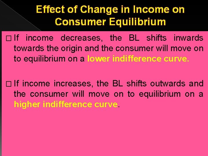 Effect of Change in Income on Consumer Equilibrium � If income decreases, the BL Effect of Change in Income on Consumer Equilibrium � If income decreases, the BL