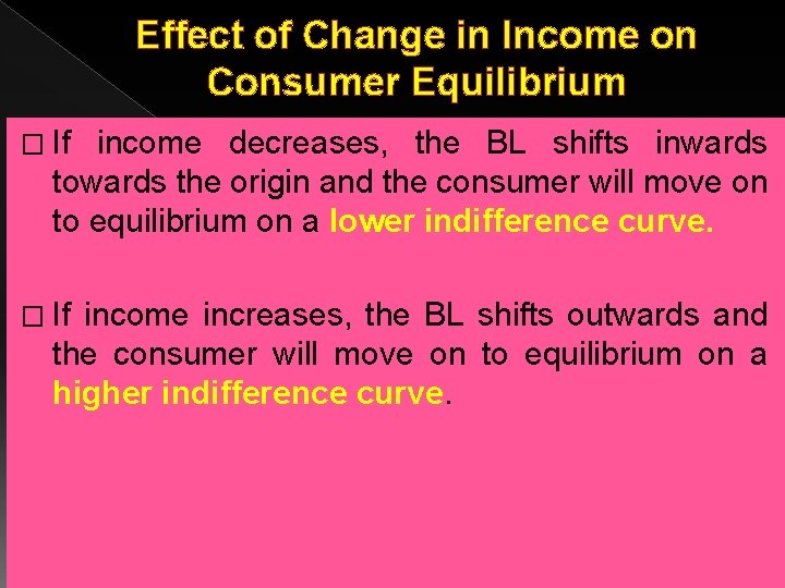 Effect of Change in Income on Consumer Equilibrium � If income decreases, the BL