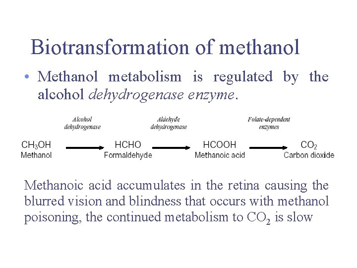 Biotransformation of methanol • Methanol metabolism is regulated by the alcohol dehydrogenase enzyme. Methanoic